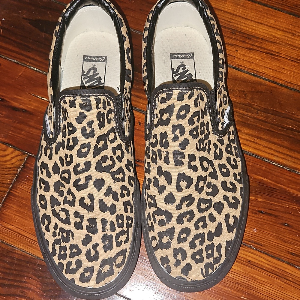 Vans Platform Leopard Print Slip-On Sneakers in Tan and Black - Picture 4 of 6